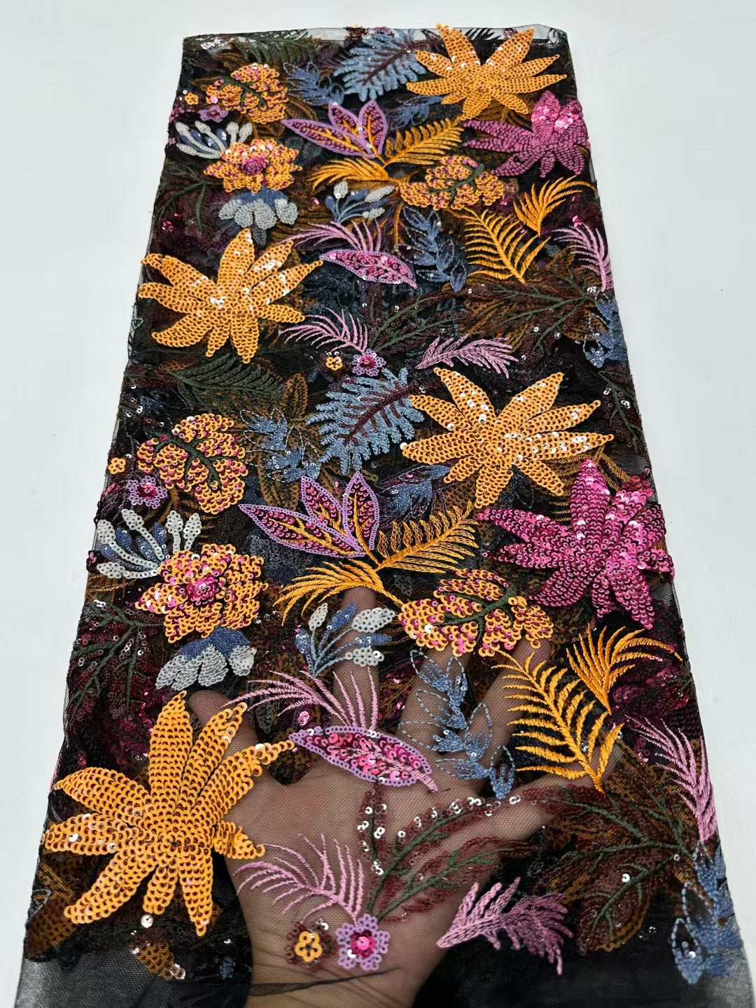 Flower with Leaf Colorful Sequins Fabric