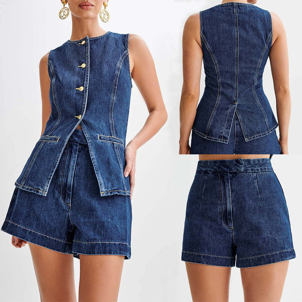 Livia Summer Denim Vest & Shorts Set