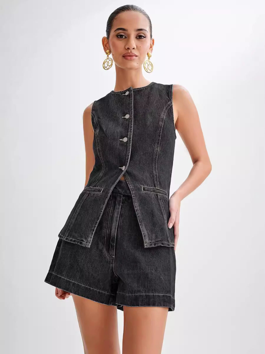 Livia Summer Denim Vest & Shorts Set