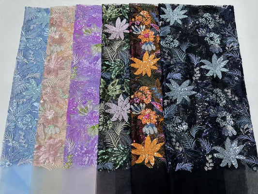 Flower with Leaf Colorful Sequins Fabric