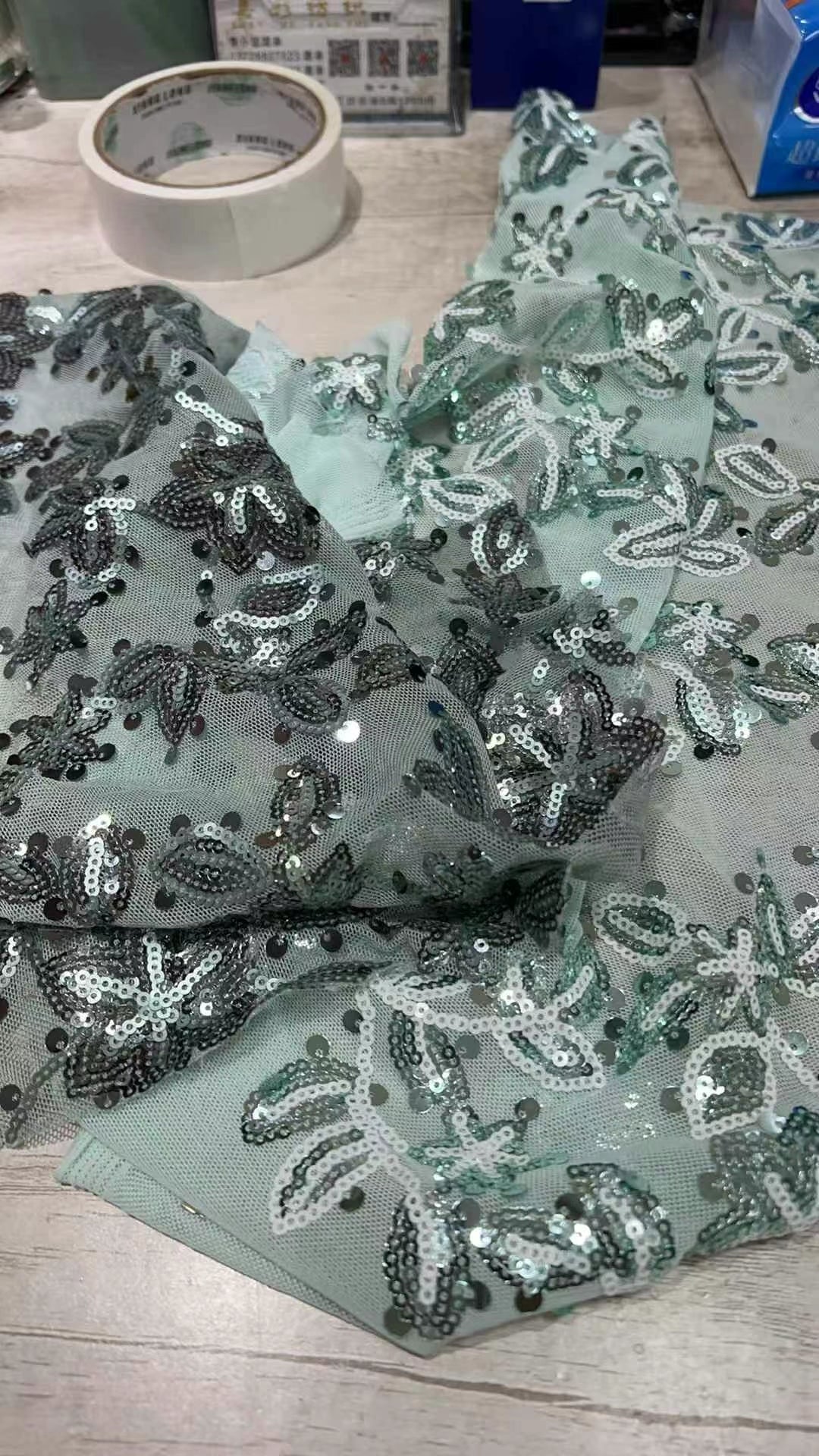 Green Leaf Sequins Fabric