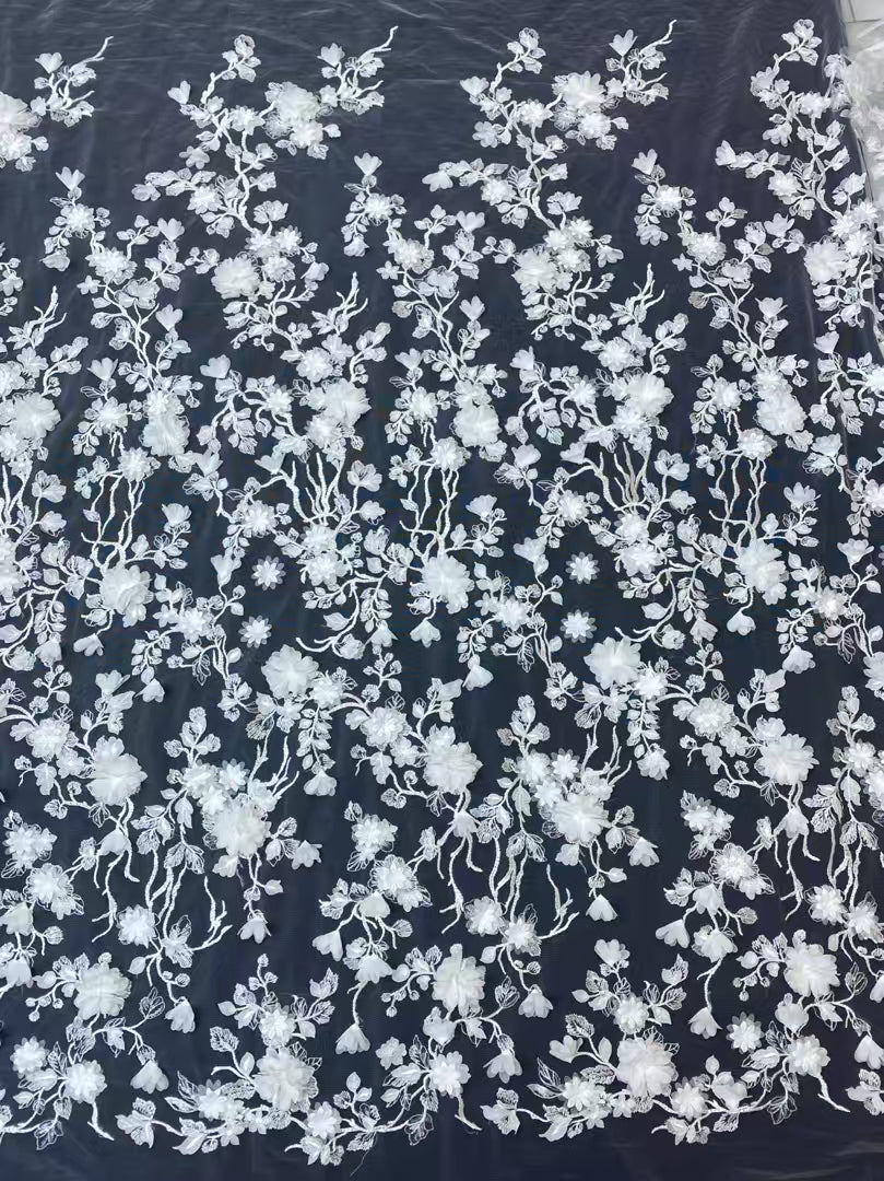 White 3D Flower Embroidery Fabric