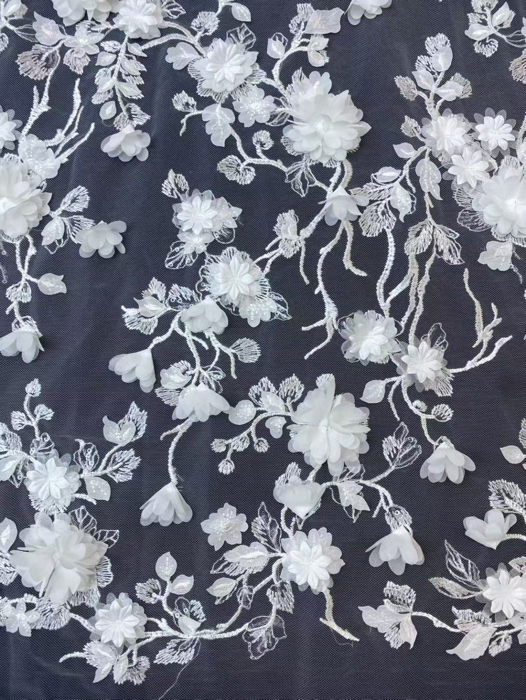 White 3D Flower Embroidery Fabric