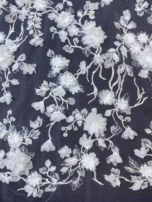 White 3D Flower Embroidery Fabric