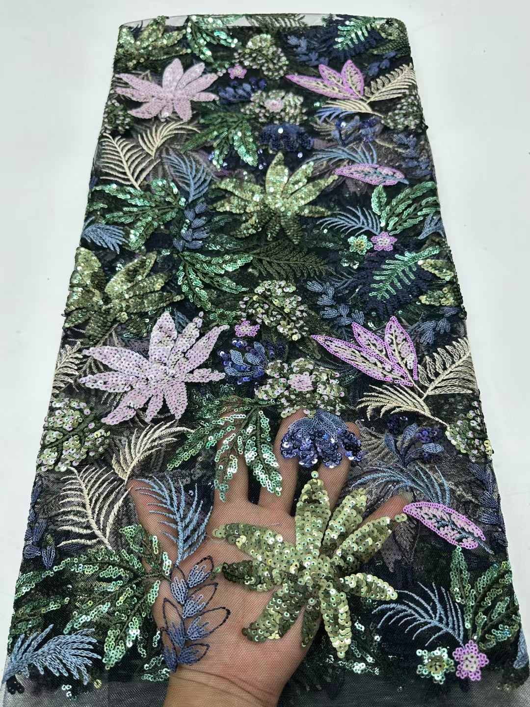 Flower with Leaf Colorful Sequins Fabric