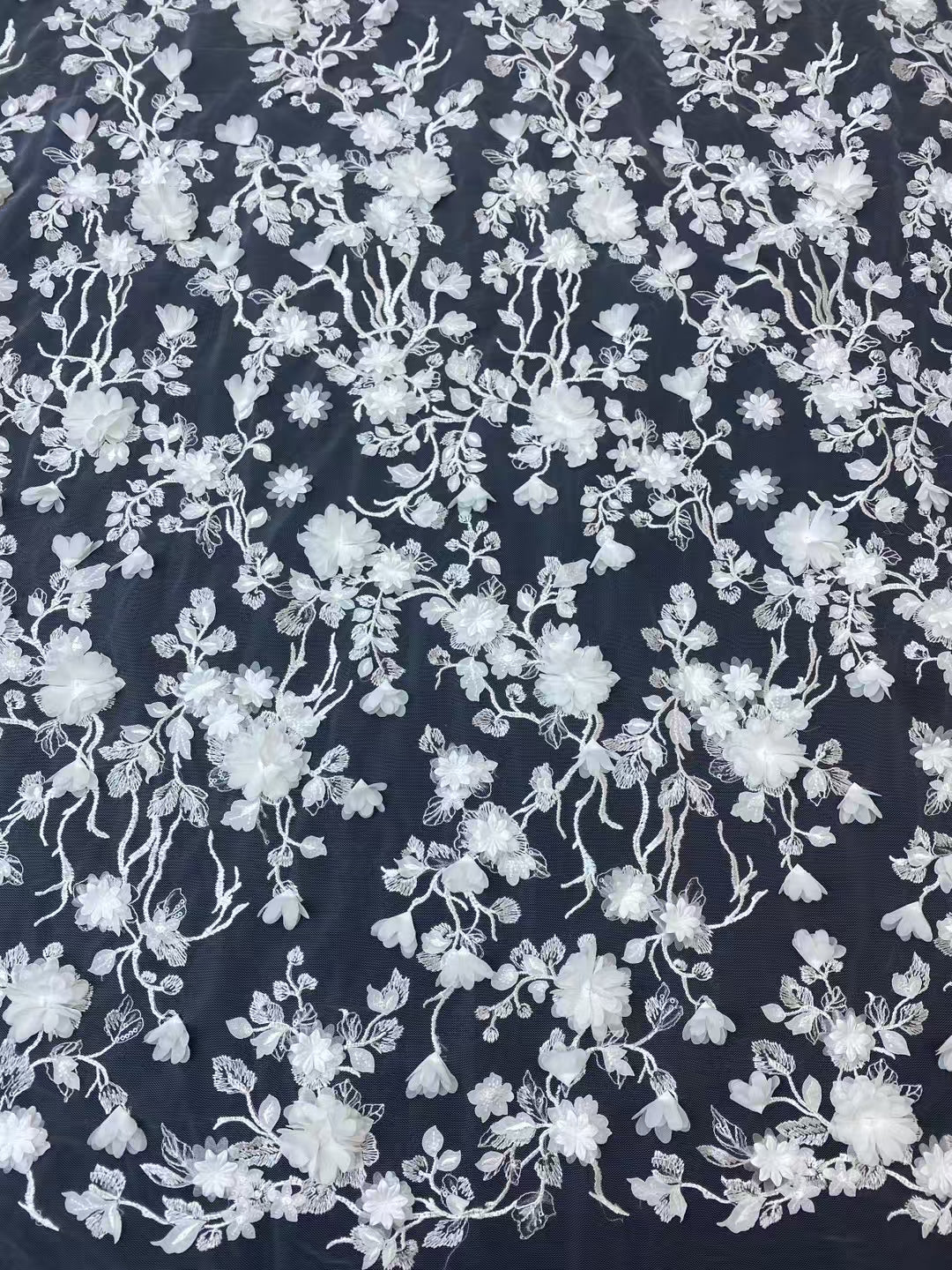 White 3D Flower Embroidery Fabric