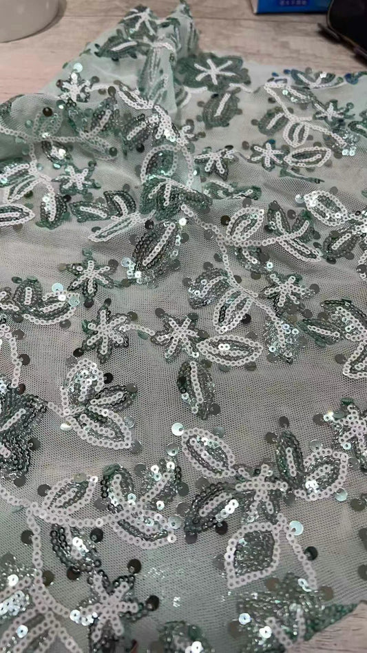 Green Leaf Sequins Fabric