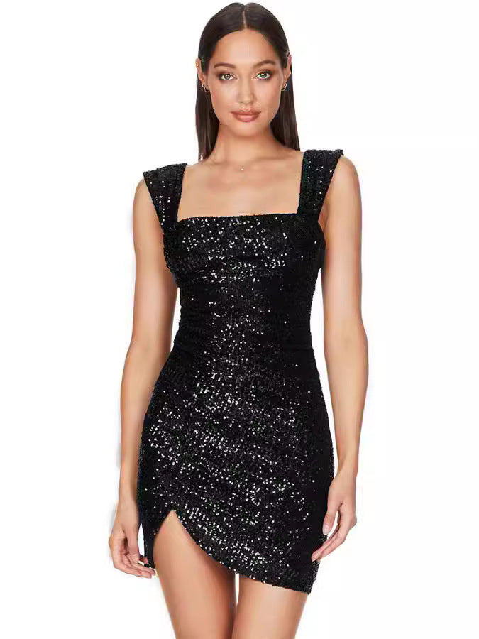 Zahra Black Sequins Mini Dress