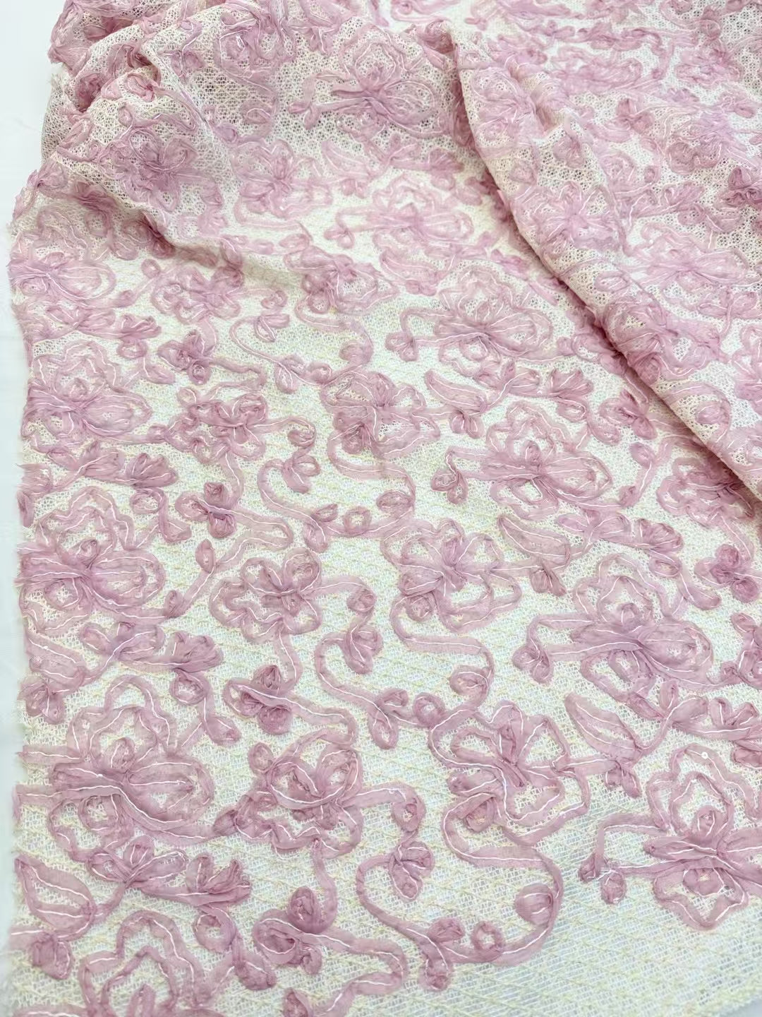 Pink Flower Cording Embroidery Fabric