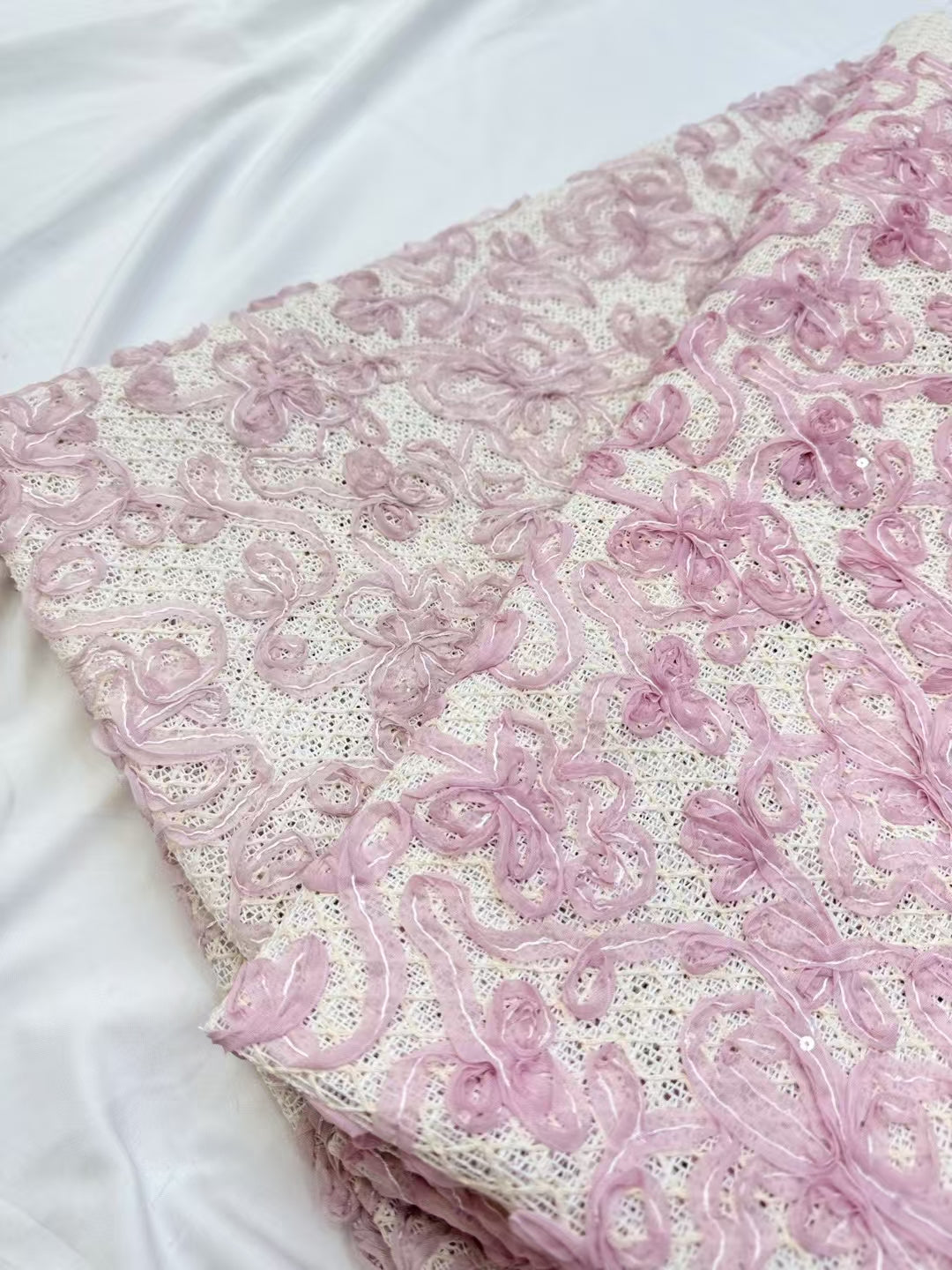 Pink Flower Cording Embroidery Fabric