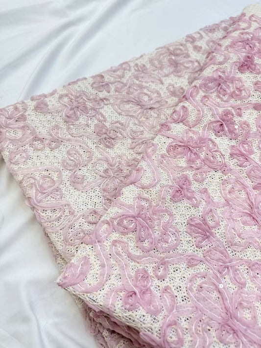 Pink Flower Cording Embroidery Fabric