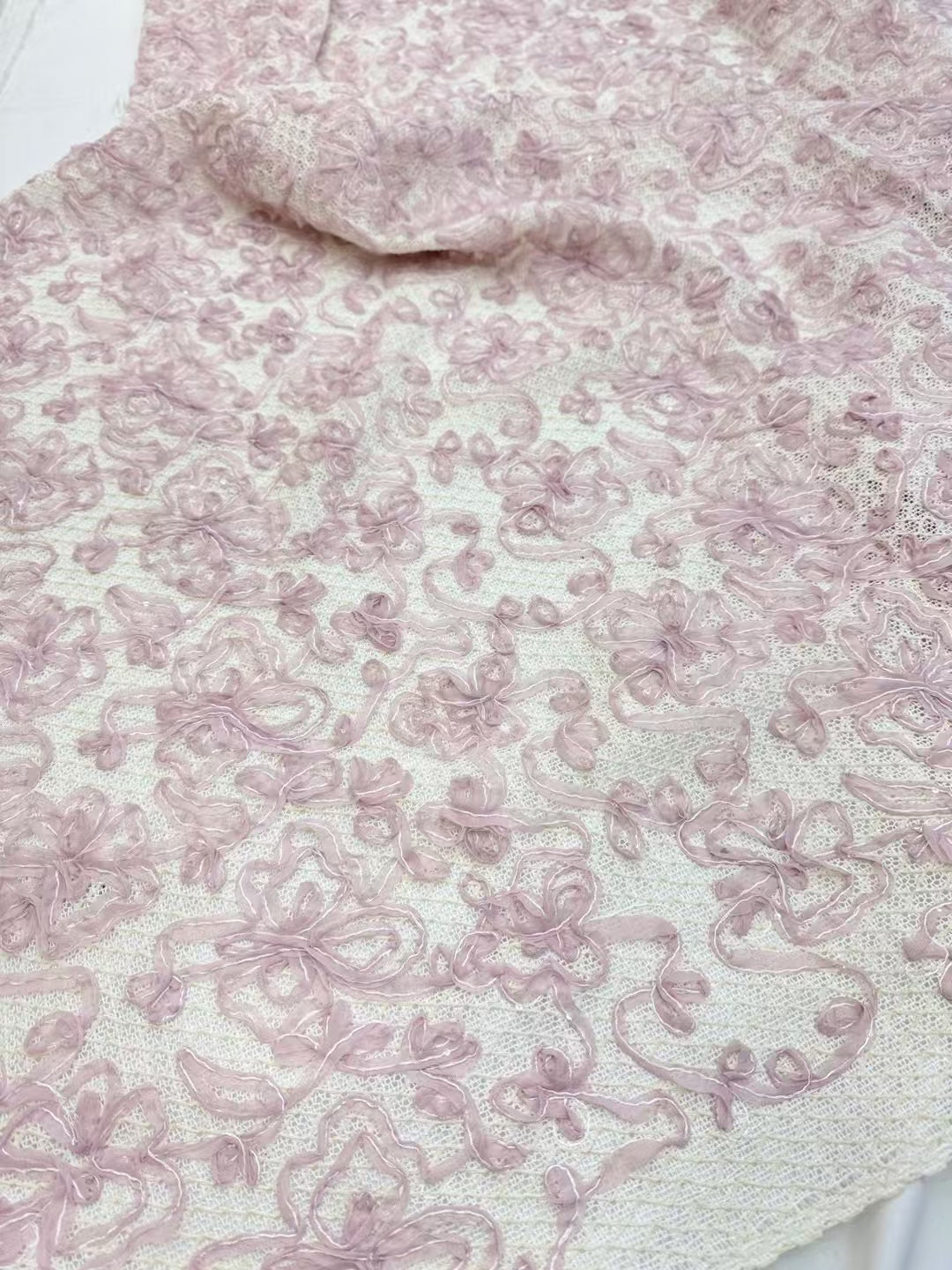 Pink Flower Cording Embroidery Fabric